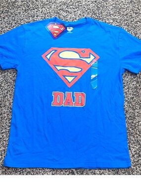 Superman 'Dad' Graphic Tee - Bright Blue Relaxed Fit Size Small | NWT